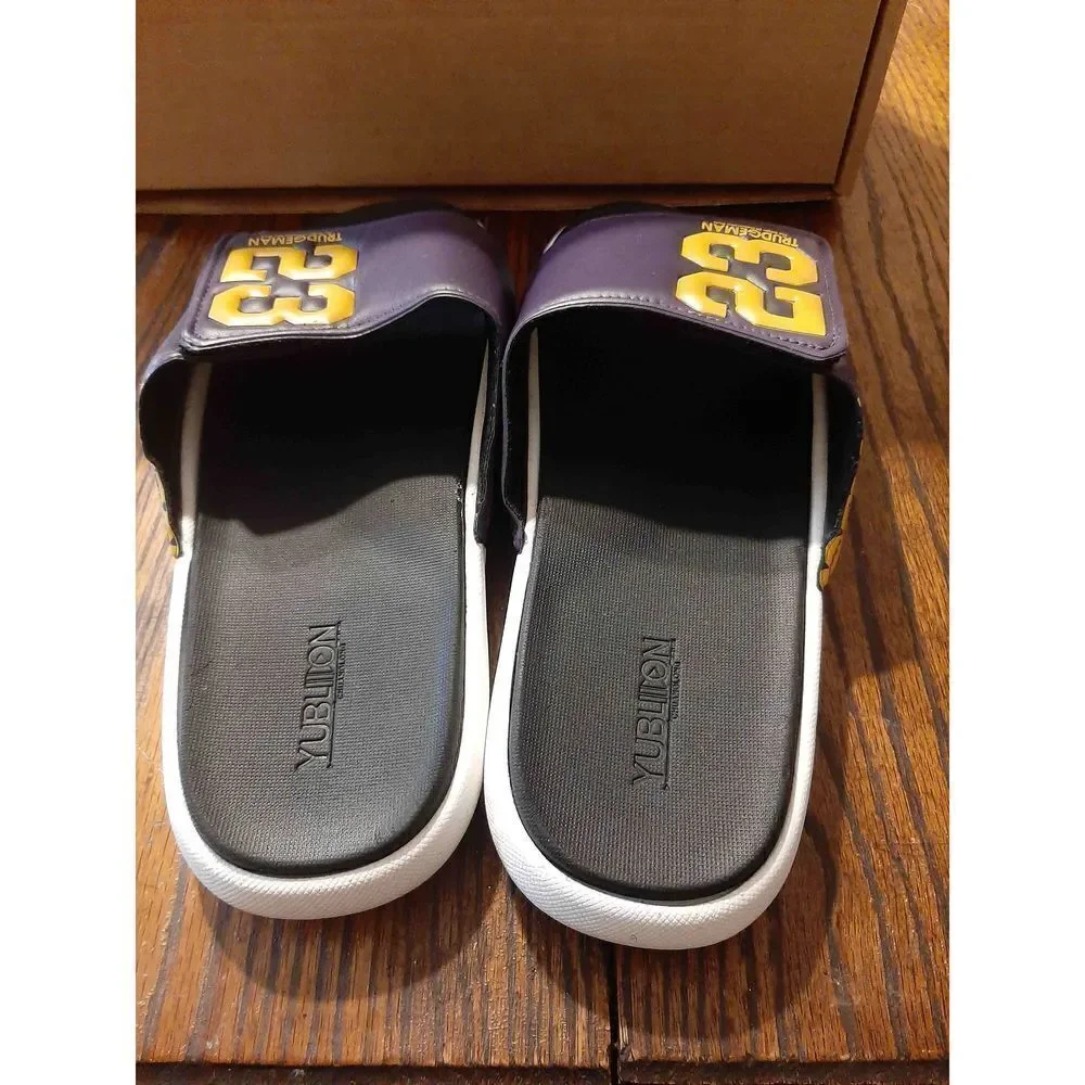 New Size 7.5 Trudgeman #23 Jordan Slides Casual Shoes Shower Shoes Purple Yellow